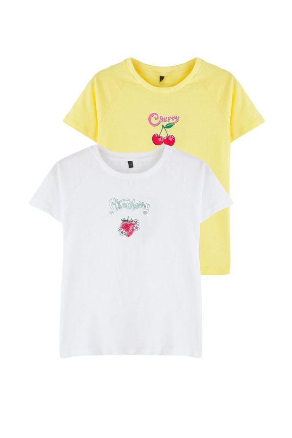 Trendyolmilla Kids White-Yellow 2-Pack Girls' 100% Cotton Fruit Print Short Sleeve T-Shirt