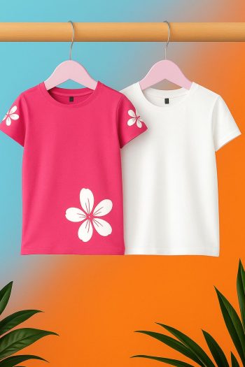 Trendyolmilla Kids Fuchsia-Ivory 2-Piece Girls' Cotton Floral Short Sleeve T-Shirt