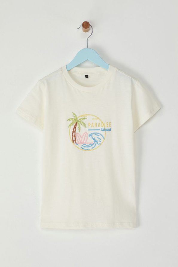Trendyolmilla Kids Cream Cotton Palm Embroidered Regular Fit Short Sleeve T-Shirt