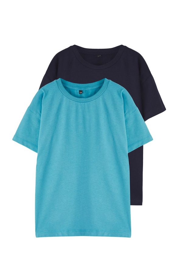 Trendyolmilla Kids Navy-Blue and Blue 2-Pack Boys' 100% Cotton Basic Oversized Short Sleeve T-Shirt