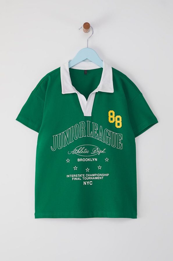 Trendyolmilla Kids Green Boys' 100% Cotton Slogan Printed Polo Collar Short Sleeve T-Shirt