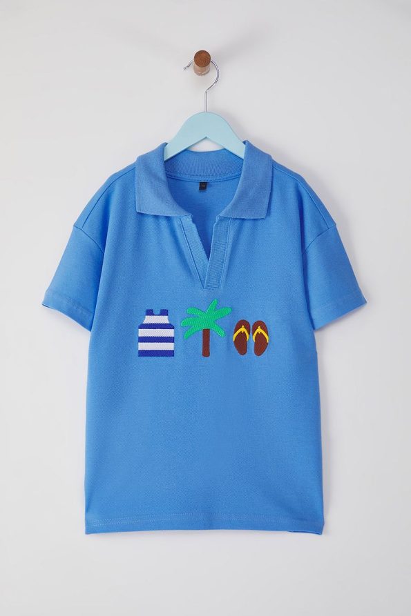 Trendyolmilla Kids Baby Blue Boys' 100% Cotton Printed Polo Neck Knit T-Shirt