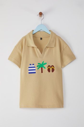 Trendyolmilla Kids Stone Gray Cotton Printed Polo T-Shirt