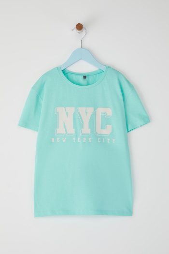 Trendyolmilla Kids Green Boys' 100% Cotton Slogan Print Short Sleeve Knit T-Shirt