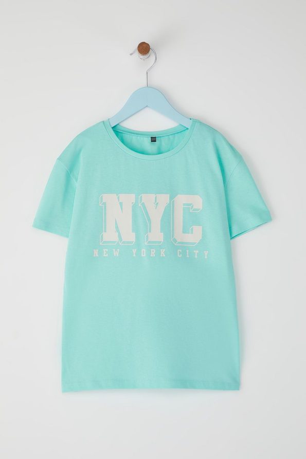 Trendyolmilla Kids Green Boys' 100% Cotton Slogan Print Short Sleeve Knit T-Shirt