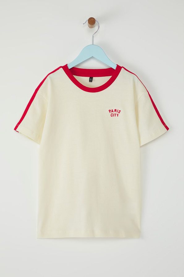 Trendyolmilla Kids Cream Cotton Slogan Embroidered Short Sleeve T-Shirt