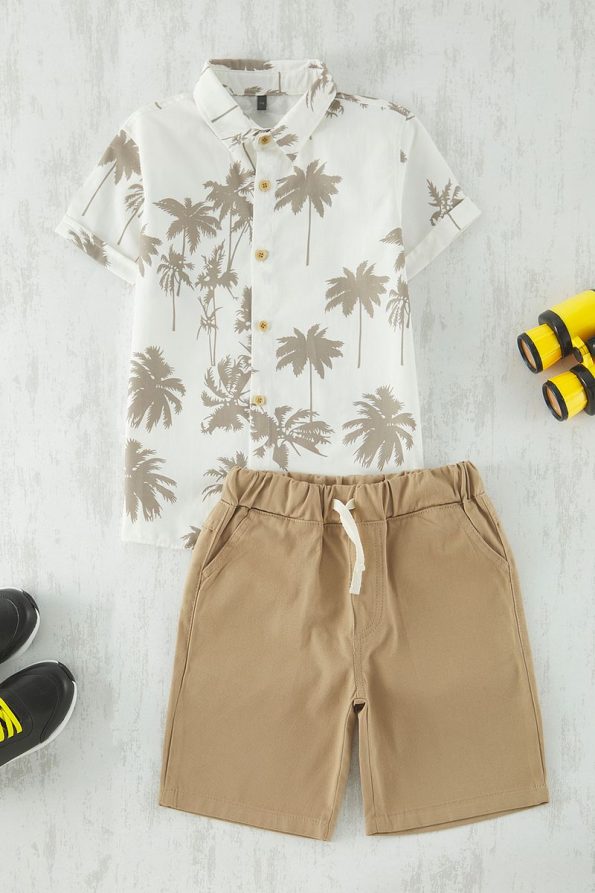 Trendyolmilla Kids Beige Cotton Printed Shirt and Shorts Set