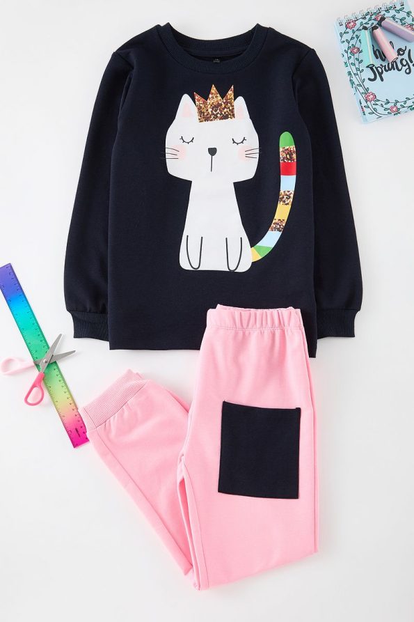 Trendyolmilla Kids Navy Blue Cotton Cat Print Sweatshirt Set