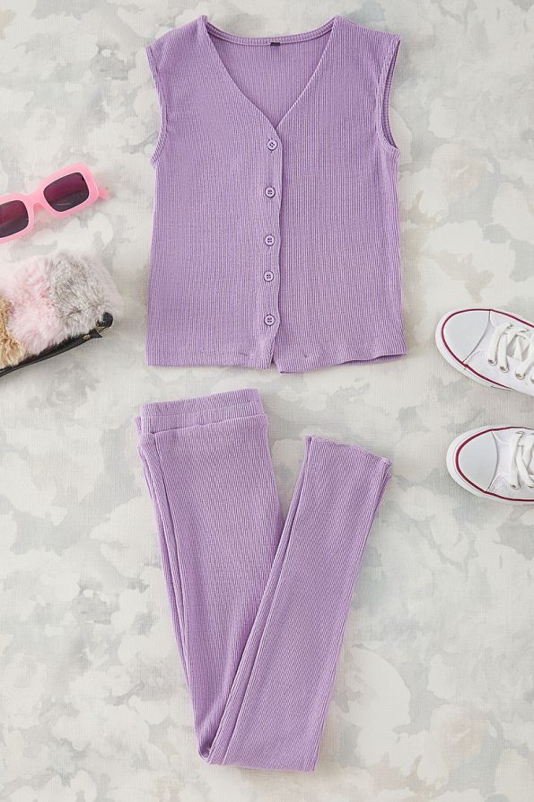 Trendyolmilla Kids Lilac Girls Basic Buttoned Ribbed V-Neck Vest and Leggings Set