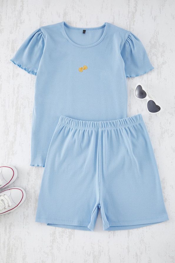 Trendyolmilla Kids Light Blue Cotton Minimal Embroidered T-Shirt and Shorts Set