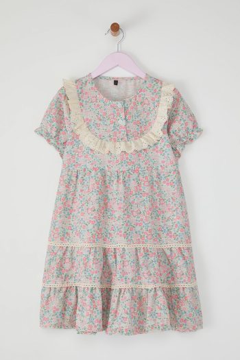 Trendyolmilla Kids Mint Green Cotton Floral Embroidered Short Sleeve Mini Dress