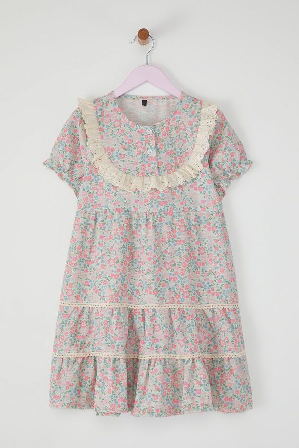Trendyolmilla Kids Mint Green Cotton Floral Embroidered Short Sleeve Mini Dress