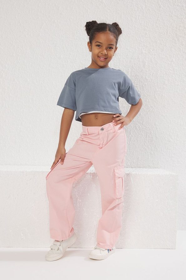 Trendyolmilla Kids Pink Girls' 100% Cotton Pocket Detail Wide Leg Elastic Denim Pants