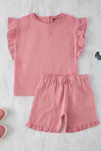 Trendyolmilla Kids Pink Ruffle Detail T-Shirt and Shorts Set
