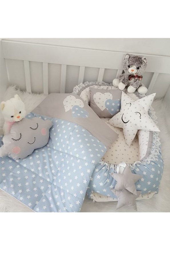 Jaju Baby Nest Blue Star Grey 5-Piece Luxury Crib Set