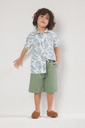 Trendyolmilla Kids Green Cotton Tropical Print Shirt and Shorts Set