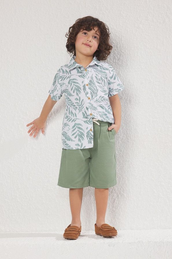 Trendyolmilla Kids Green Cotton Tropical Print Shirt and Shorts Set