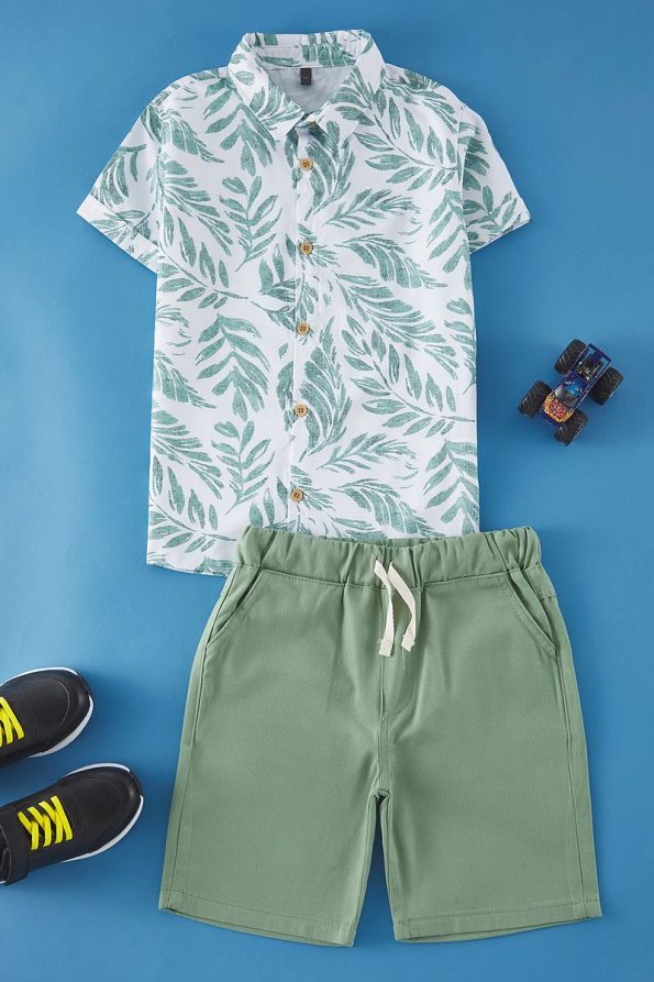 Trendyolmilla Kids Green Cotton Tropical Print Shirt and Shorts Set
