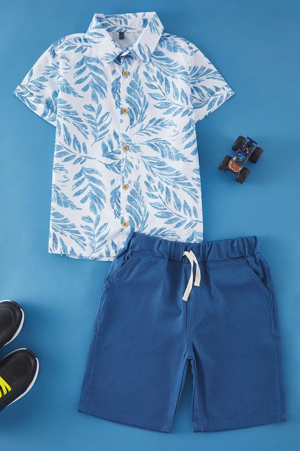 Trendyolmilla Kids Blue Cotton Tropical Print Shirt and Shorts Set