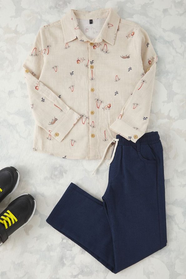 Trendyolmilla Kids Cream Cotton Animal Print Shirt and Pants Set