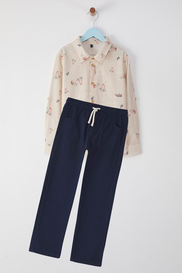 Trendyolmilla Kids Cream Cotton Animal Print Shirt and Pants Set