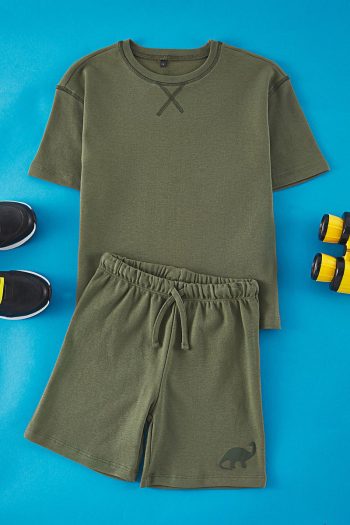 Trendyolmilla Kids Haki Boys' 100% Cotton Basic Short Sleeve T-Shirt and Shorts Set