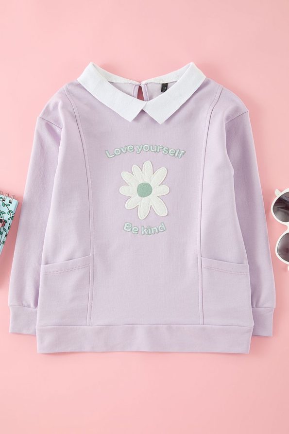 Trendyolmilla Kids Lilac Flower Pattern Cotton Polo Neck Knit Sweatshirt