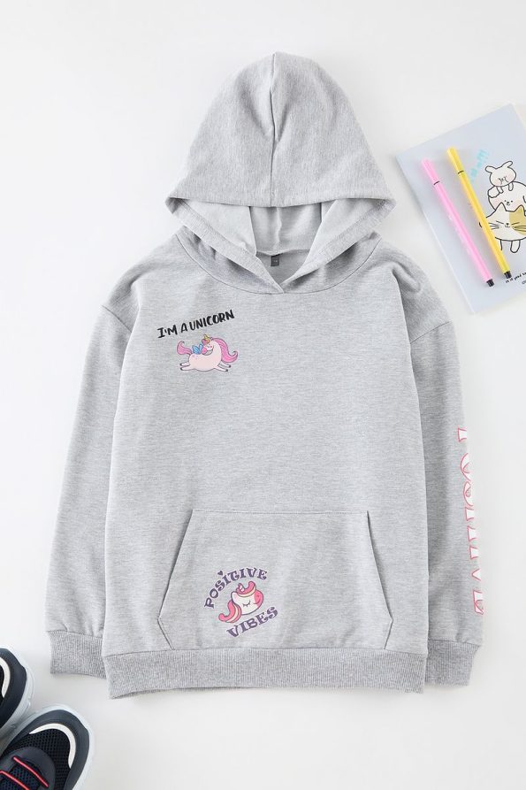 Trendyolmilla Kids Grey Hooded Seasonal Print Sweatshirt for Girls