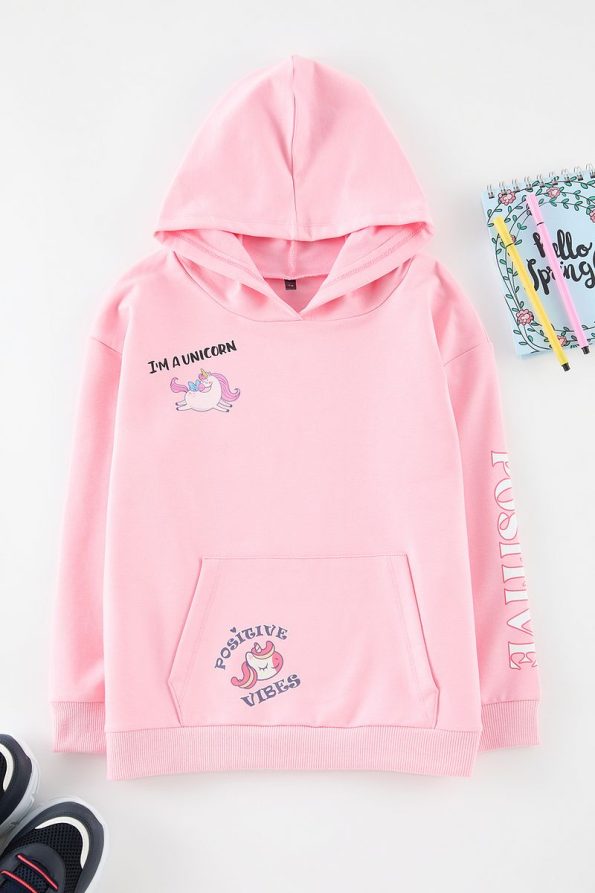 Trendyolmilla Kids Light Pink Hooded Seasonal Printed Sleeve Sweatshirt