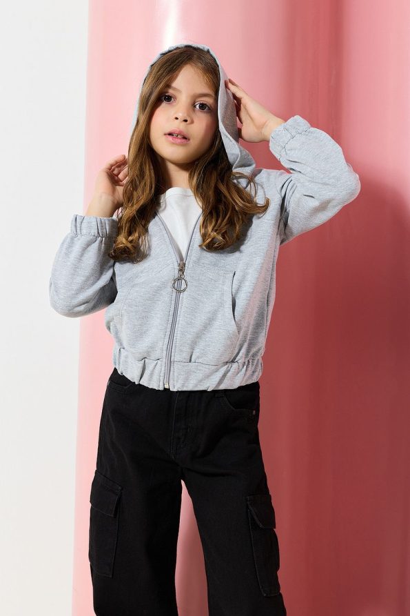 Trendyolmilla Kids Gray Melange Unisex Hooded Cotton Zip-Up Knit Cardigan