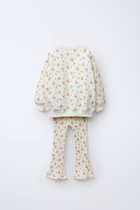 Girls' Cotton Ecru Floral Pattern Sweatshirt and Flared Leggings Set