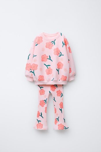 Girls' Cotton Pink Floral Sweatshirt and Flared Leggings Set
