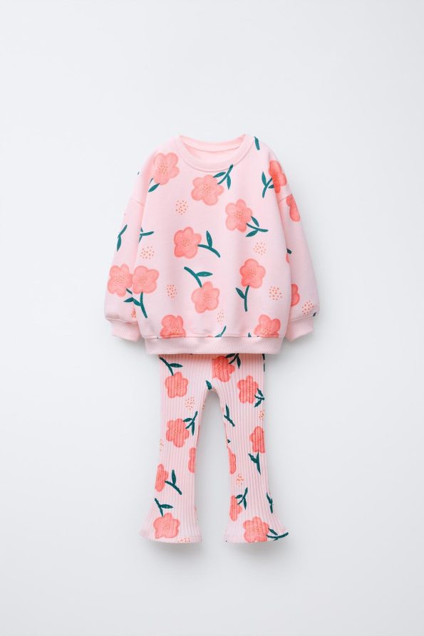 Girls' Cotton Pink Floral Sweatshirt and Flared Leggings Set