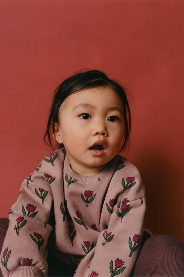 Girls' Cotton Pink Floral Patterned Sweatshirt and Leggings Set