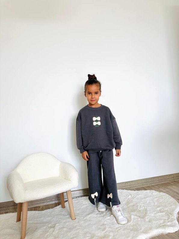 Girls' Cotton Charcoal Pink Bow Detail Tracksuit