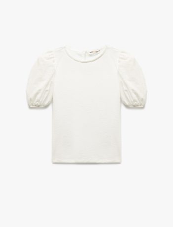 Girls' Balloon Sleeve Crew Neck Embroidered Basic Blouse