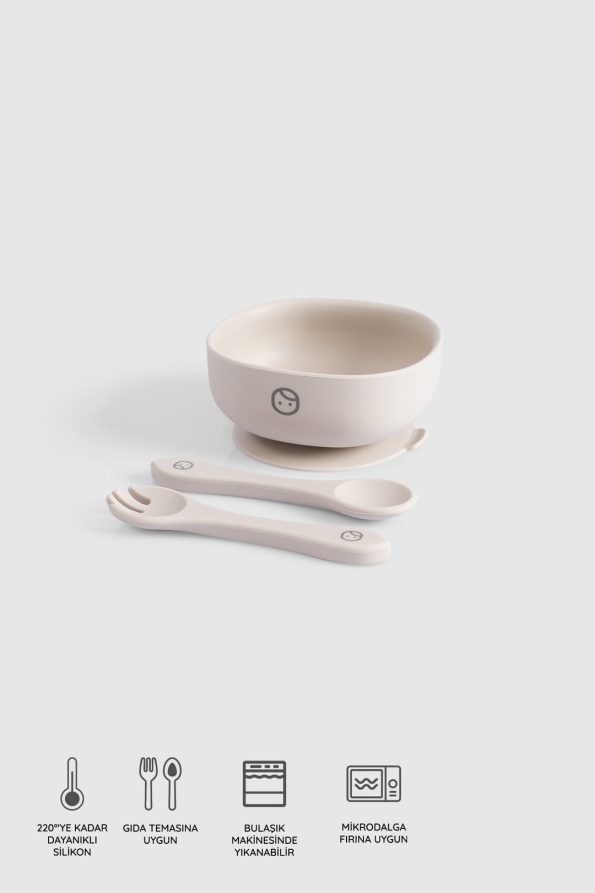 Beige Silicone Vacuum Suction Plate Fork and Spoon Set