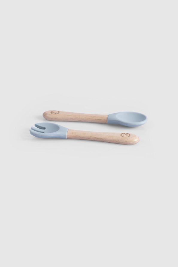 Blue Silicone Fork and Spoon Set with Bamboo Handle