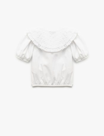 Girls' Short Sleeve Cotton Baby Collar Shirt with Embroidery