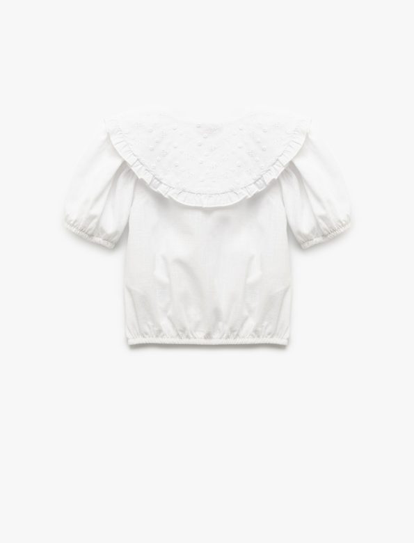 Girls' Short Sleeve Cotton Baby Collar Shirt with Embroidery