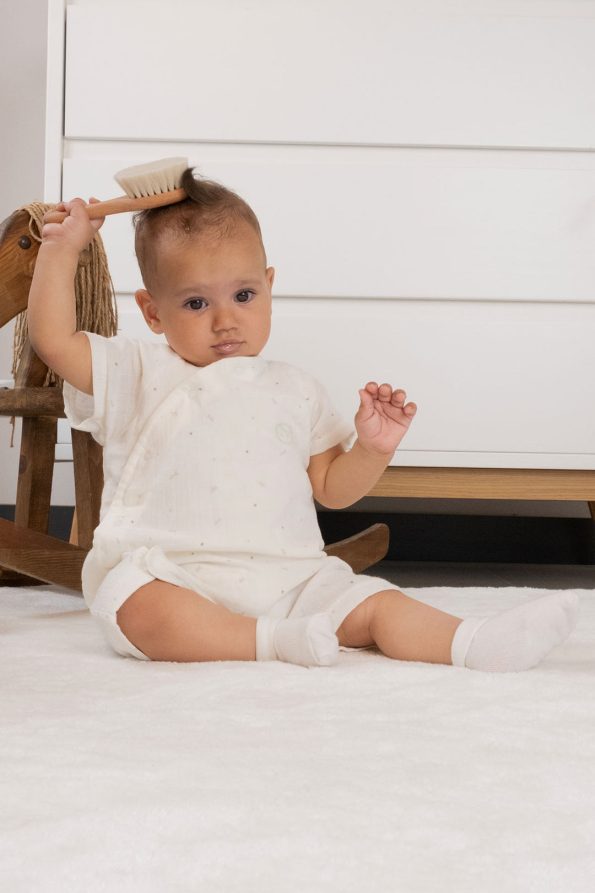 Organic Cotton Muslin Ecru Cross-Over Baby Romper