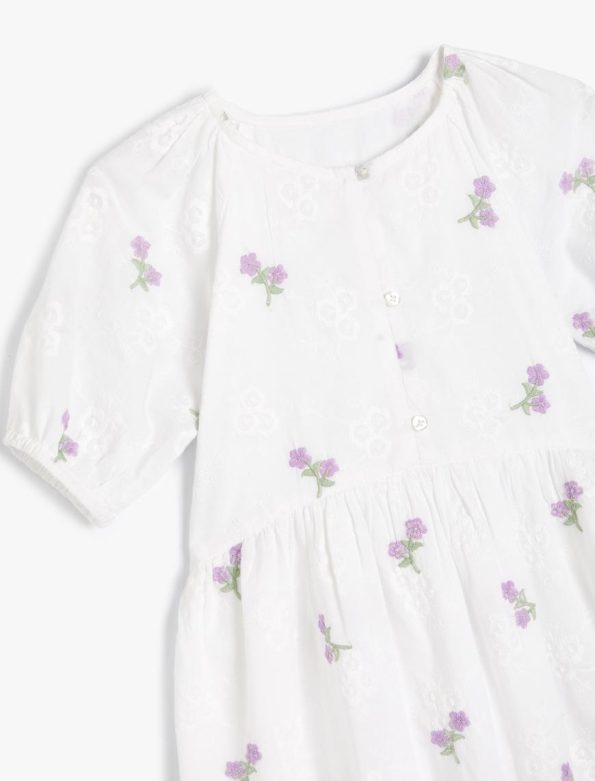 Girls' Cotton Floral Dress with Embroidery and Balloon Sleeves