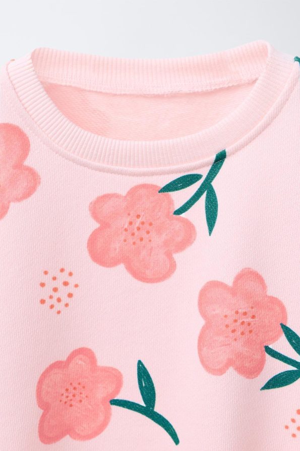 Girls' Cotton Pink Floral Sweatshirt and Flared Leggings Set
