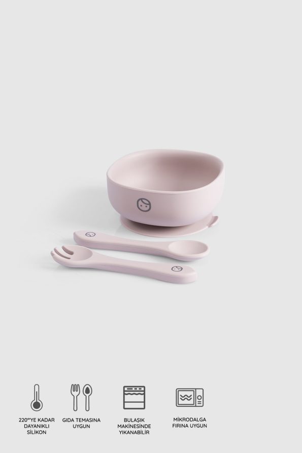 Silicone Vacuum Pink Feeding Plate and Fork Spoon Set