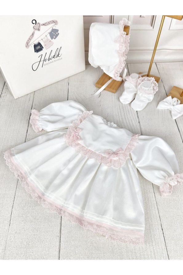 Hobidik Baby Girls' Off-White and Pink Lace Apron Dress Set