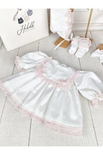 Hobidik Baby Girls' Off-White and Pink Lace Apron Dress Set