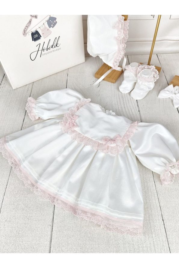 Hobidik Baby Girls' Off-White and Pink Lace Apron Dress Set
