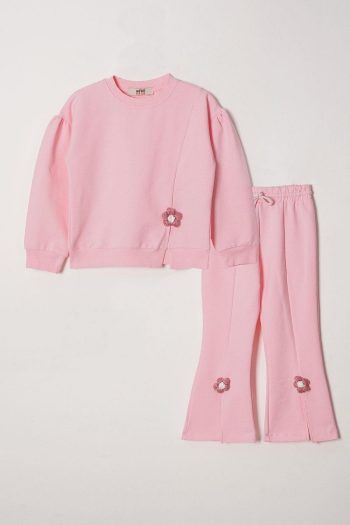 Zepkids Long Sleeve Round Neck Ripped Daisy Detail Light Pink Girls Tracksuit