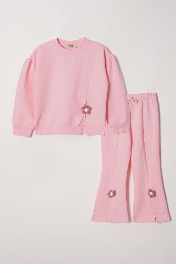 Zepkids Long Sleeve Round Neck Ripped Daisy Detail Light Pink Girls Tracksuit