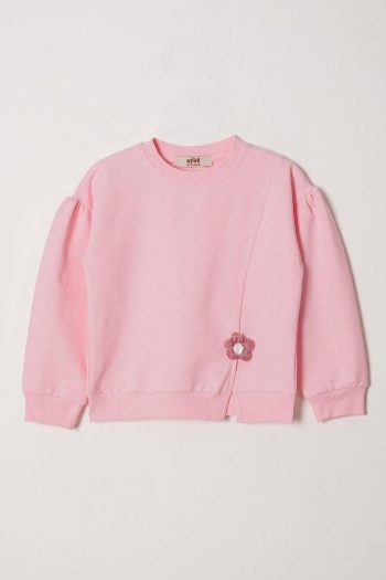 Zepkids Long Sleeve Round Neck Ripped Daisy Detail Light Pink Girls Tracksuit